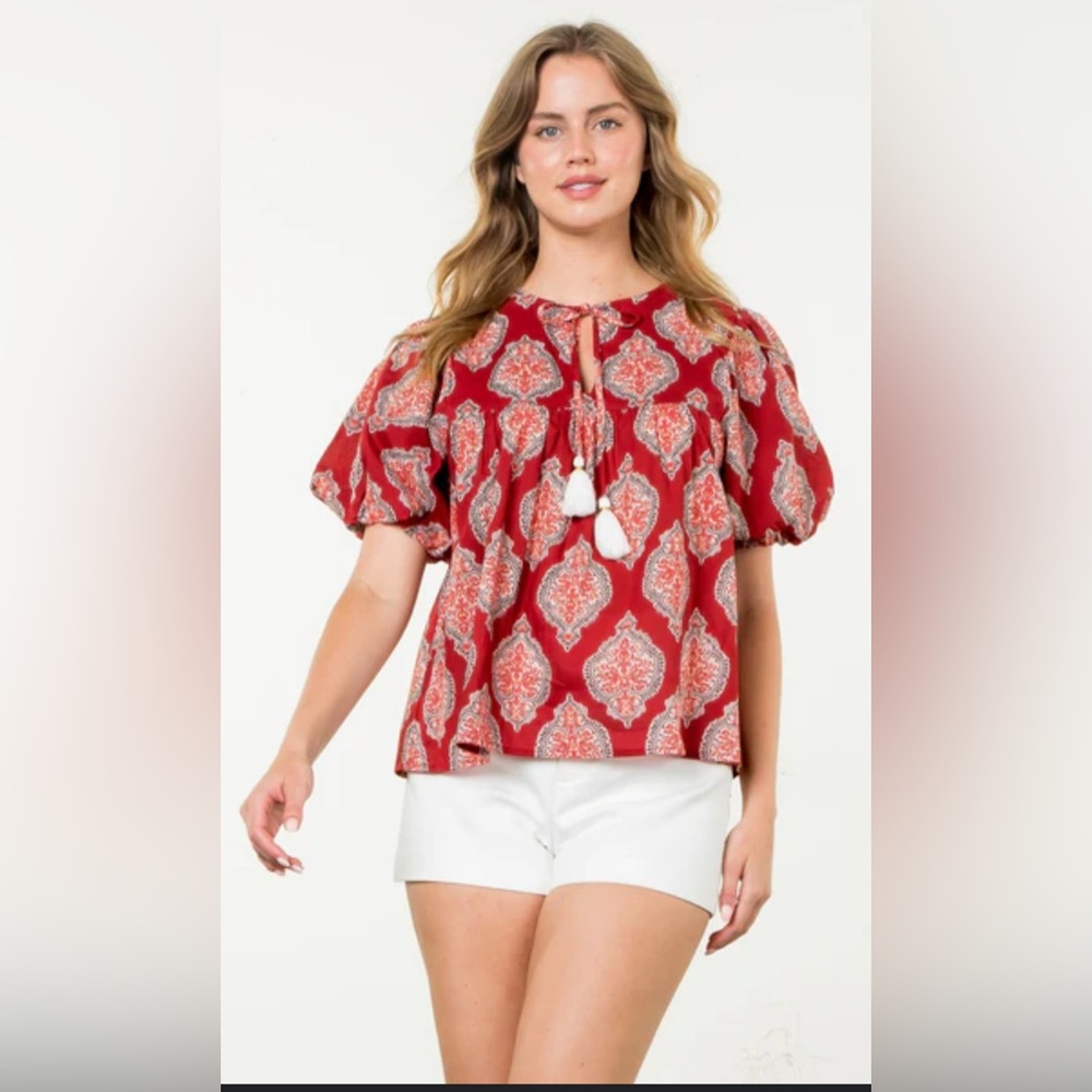 THML Red & Cream Printed Puff Sleeve Blouse